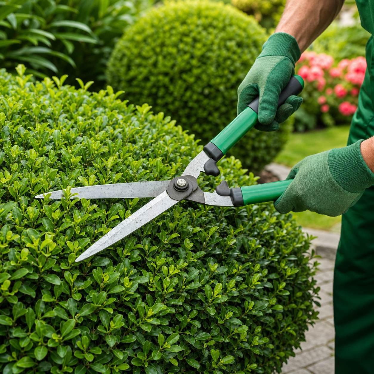 Garden shears trimming shrubs